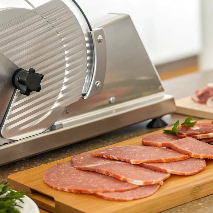 An industrial meat slicer producing consistent, thin slices of deli meat.