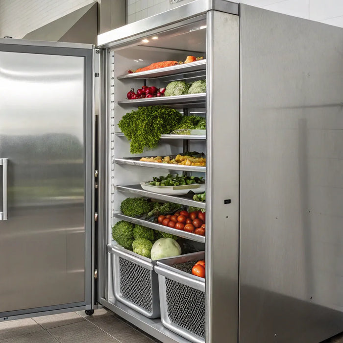 A stainless steel commercial reach in freezer, open and stocked for a professional kitchen.