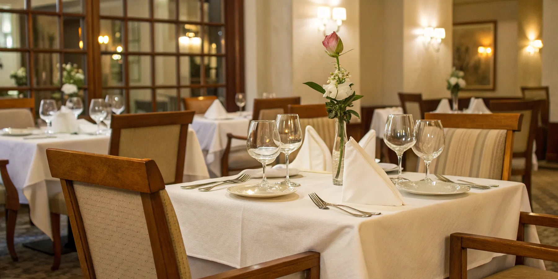 Restaurant tables and chairs in a fine dining setting.