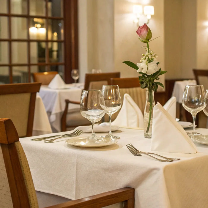 Restaurant tables and chairs in a fine dining setting.
