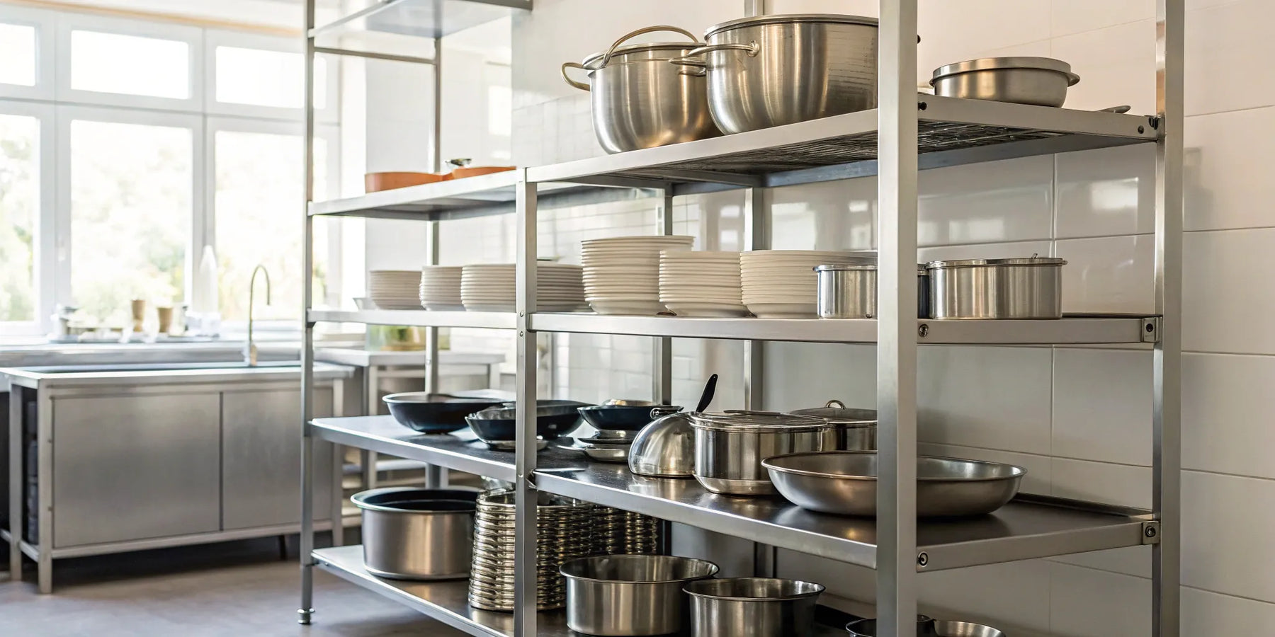 Organized stainless steel shelves with cookware in a professional restaurant kitchen.