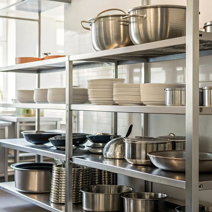 Organized stainless steel shelves with cookware in a professional restaurant kitchen.