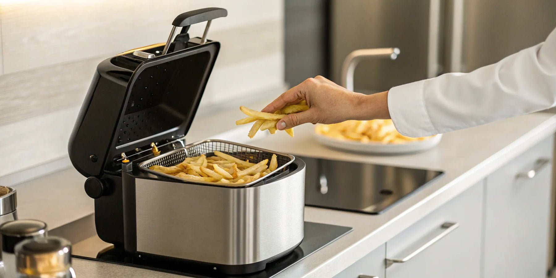 A commercial table top fryer cooking French fries in a professional kitchen.