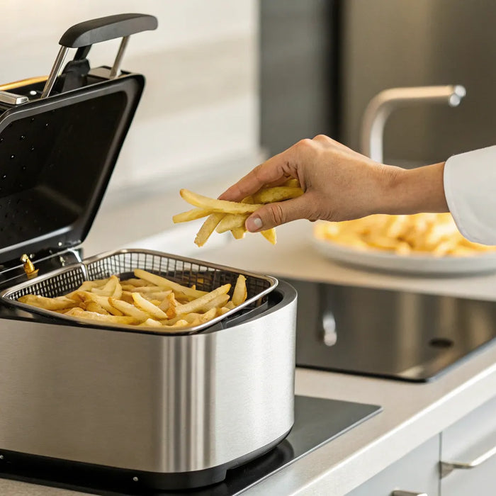 A commercial table top fryer cooking French fries in a professional kitchen.