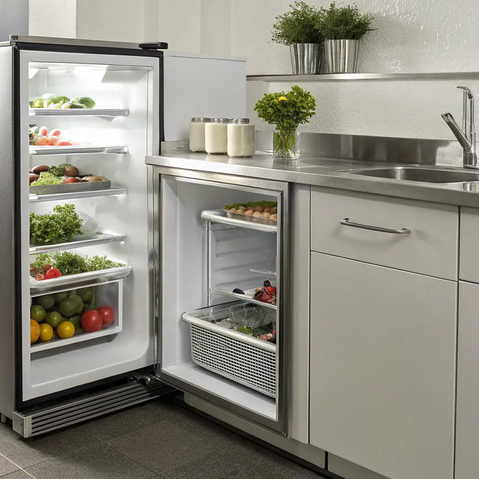 Best undercounter refrigerators with open doors displaying fresh, organized food and drinks in a modern kitchen.