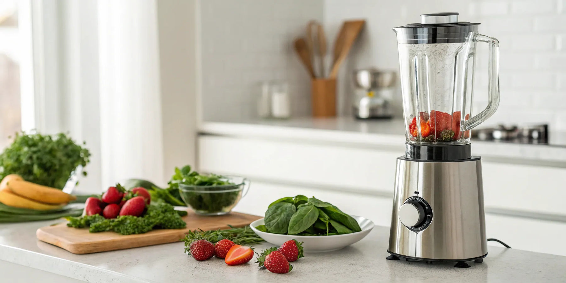 A Waring commercial blender on a counter with fresh strawberries and spinach.