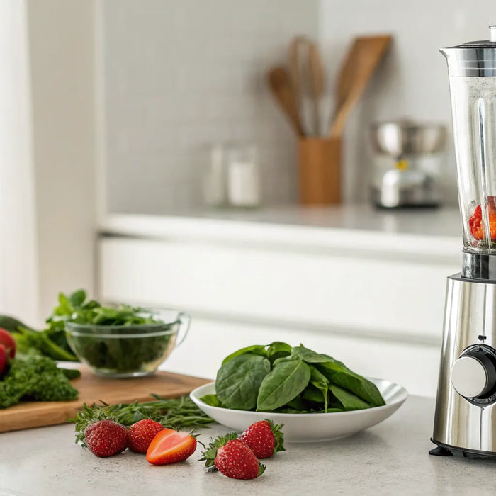 A Waring commercial blender on a counter with fresh strawberries and spinach.