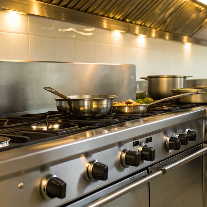 Propane range with stainless steel burners.