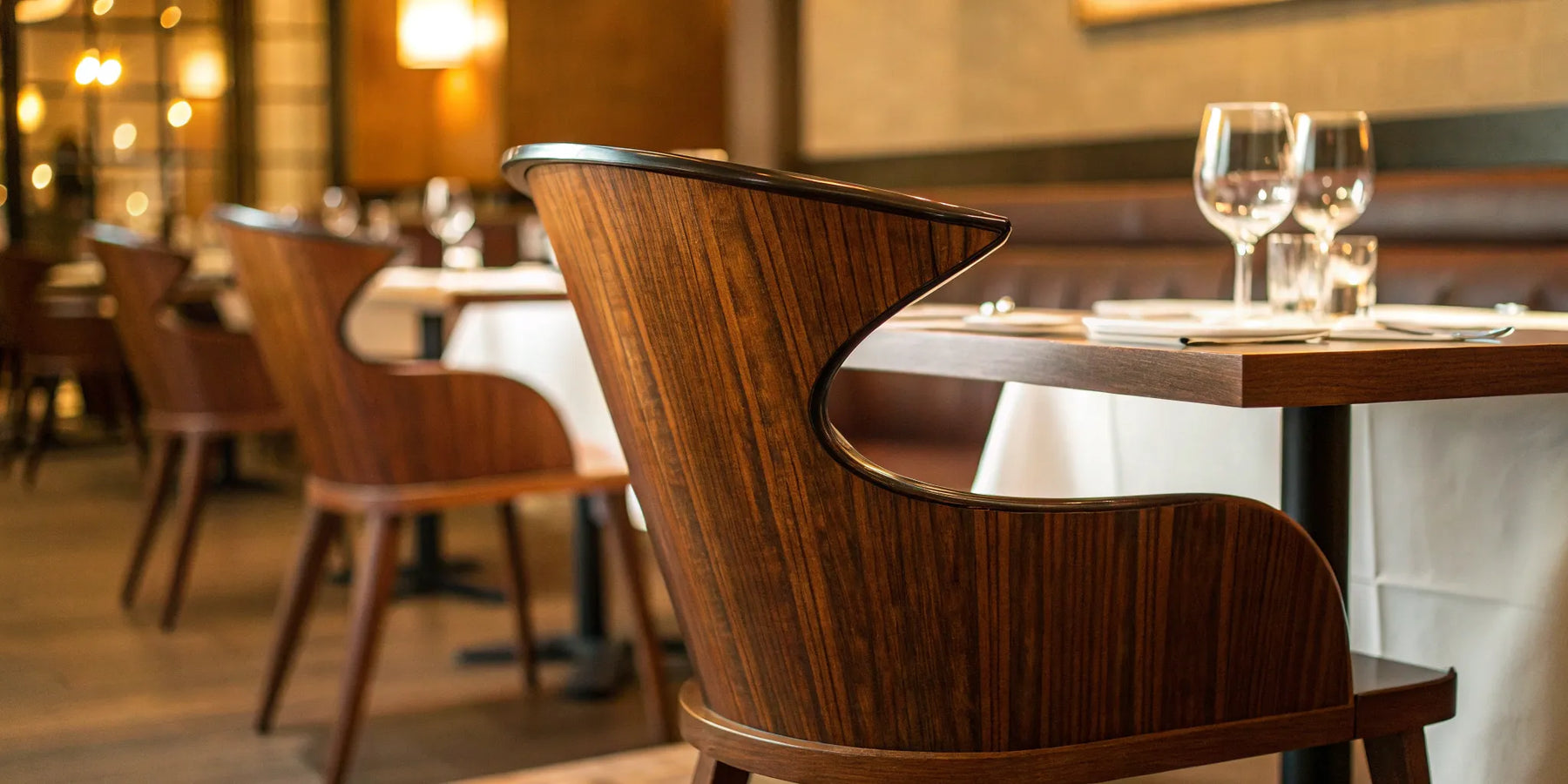 Stylish wooden restaurant chairs.