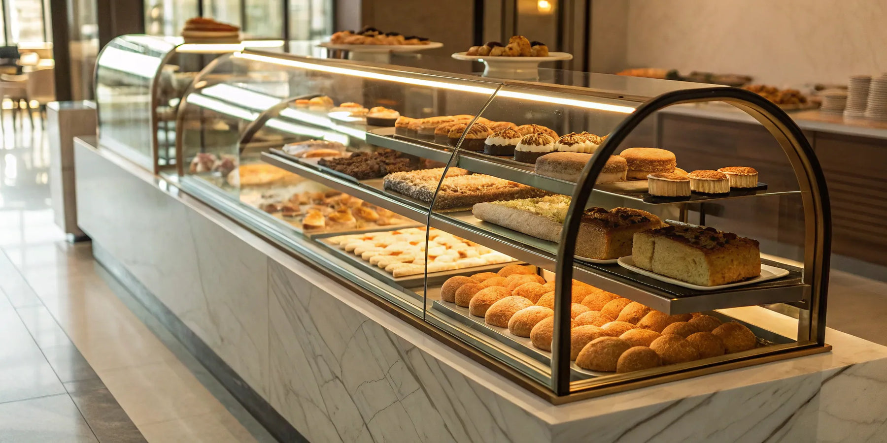 A glass front bakery case displaying cakes, pastries, and breads on multiple shelves.