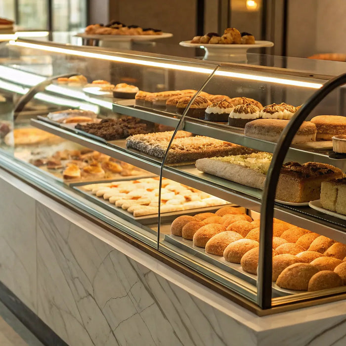 A glass front bakery case displaying cakes, pastries, and breads on multiple shelves.