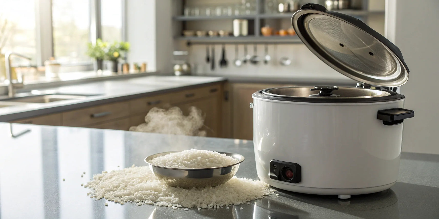 A big commercial rice cooker with a full bowl of freshly steamed rice.