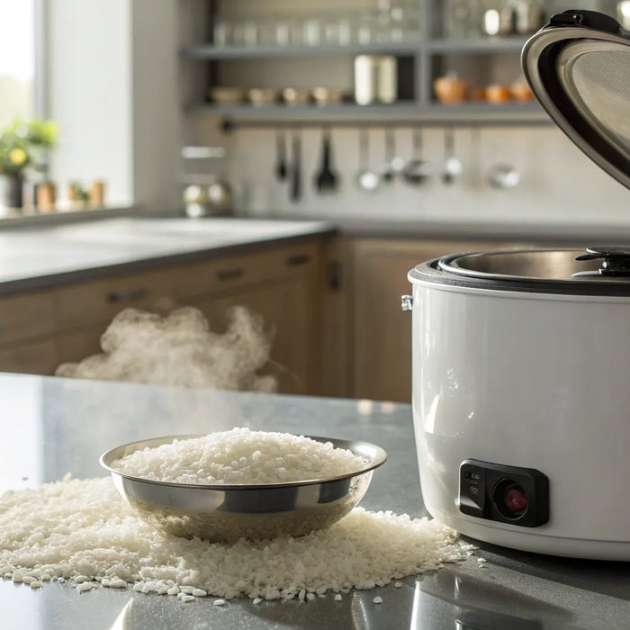A big commercial rice cooker with a full bowl of freshly steamed rice.