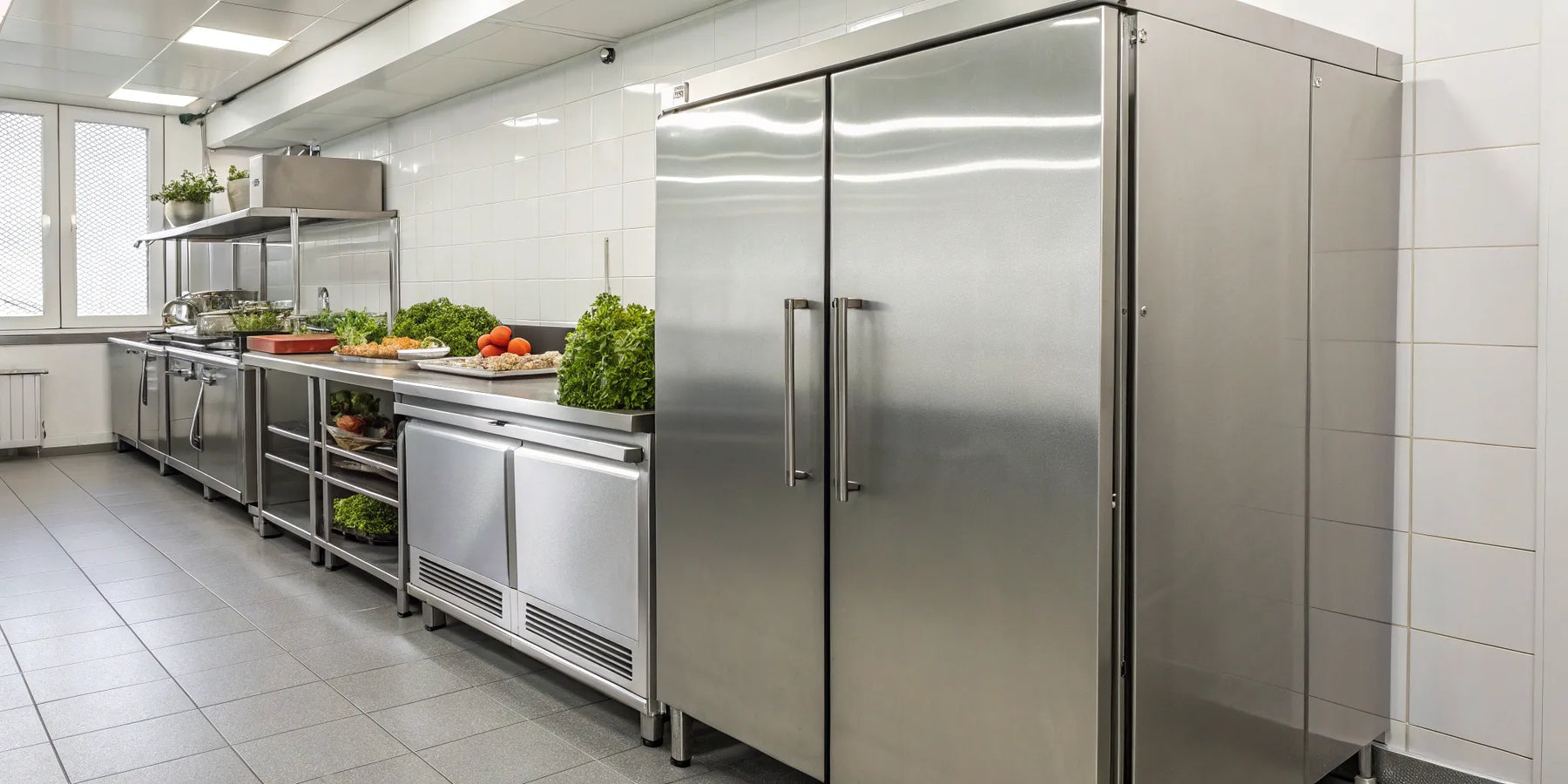 Stainless steel commercial freezers lined up in a professional kitchen.