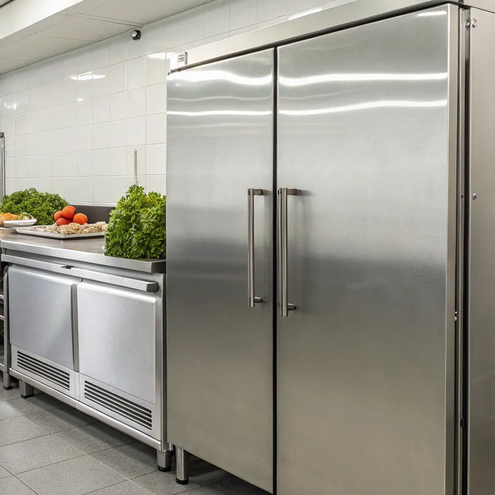 Stainless steel commercial freezers lined up in a professional kitchen.