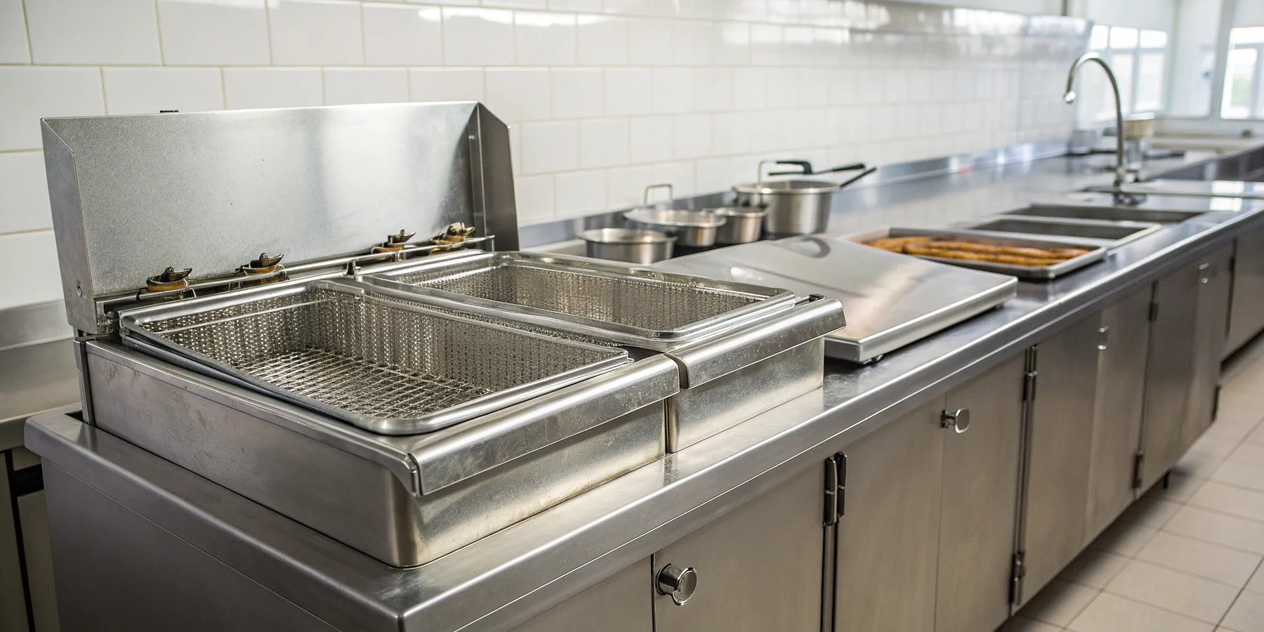 A stainless steel commercial fryer for sale in a professional restaurant kitchen.