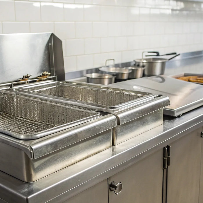 A stainless steel commercial fryer for sale in a professional restaurant kitchen.