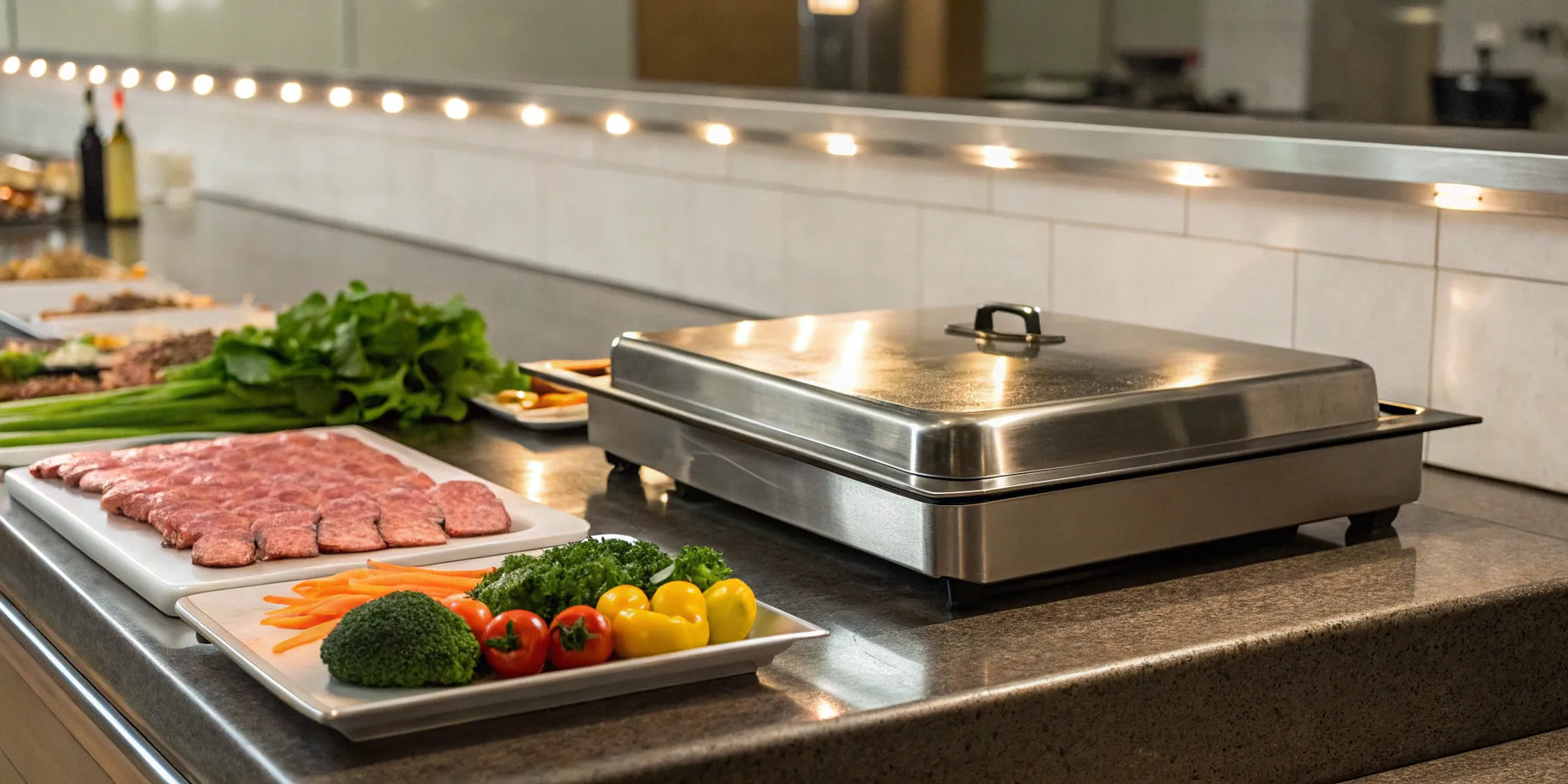 A commercial hot plate on a kitchen counter with fresh ingredients prepped for cooking.