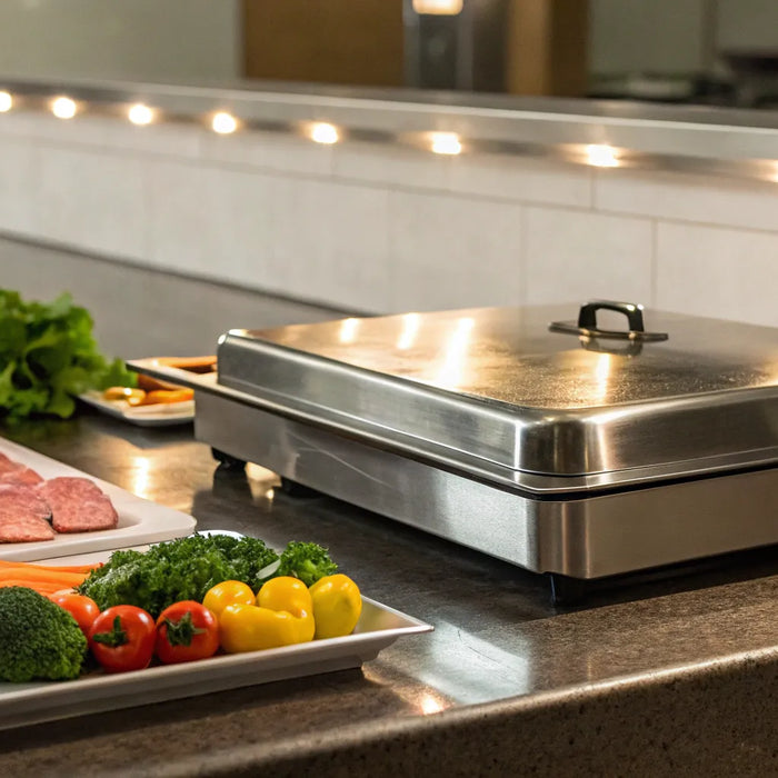 A commercial hot plate on a kitchen counter with fresh ingredients prepped for cooking.