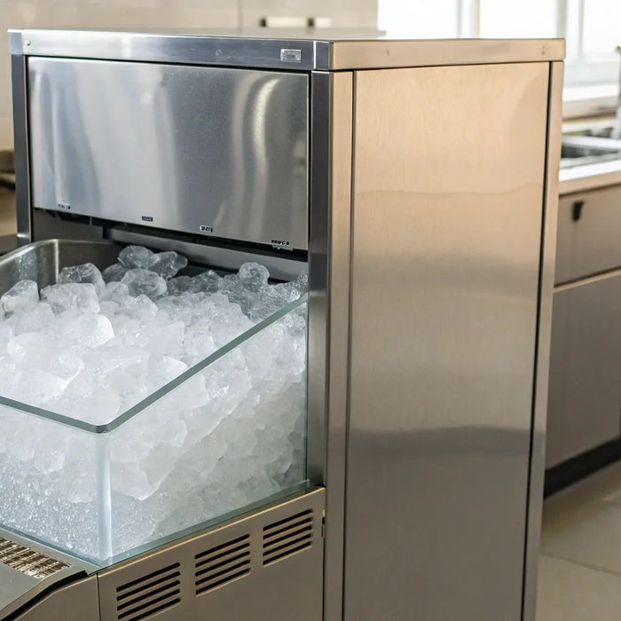 A commercial ice machine full of clear ice cubes in a professional kitchen.