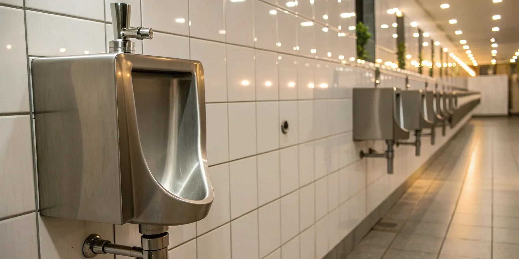 Wall-mounted stainless steel commercial urinals in a modern public restroom.