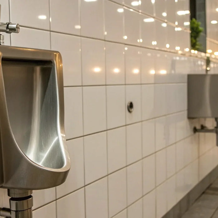Wall-mounted stainless steel commercial urinals in a modern public restroom.