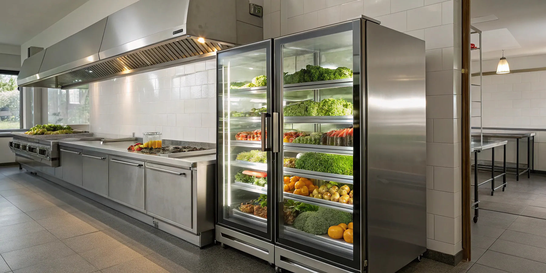 Glass door display coolers with bright LED lighting in a clean commercial kitchen.