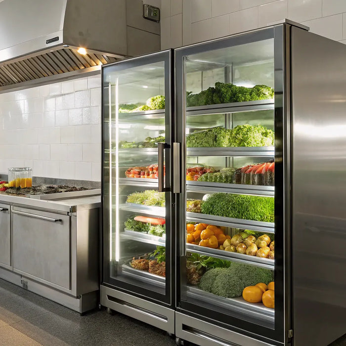Glass door display coolers with bright LED lighting in a clean commercial kitchen.