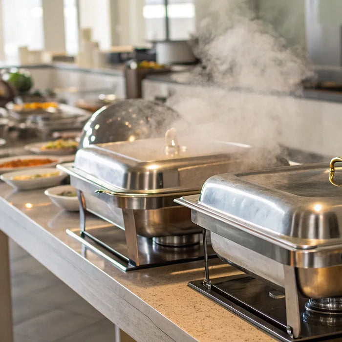 A stainless steel food warmer table with pans of hot food steaming in a restaurant kitchen.