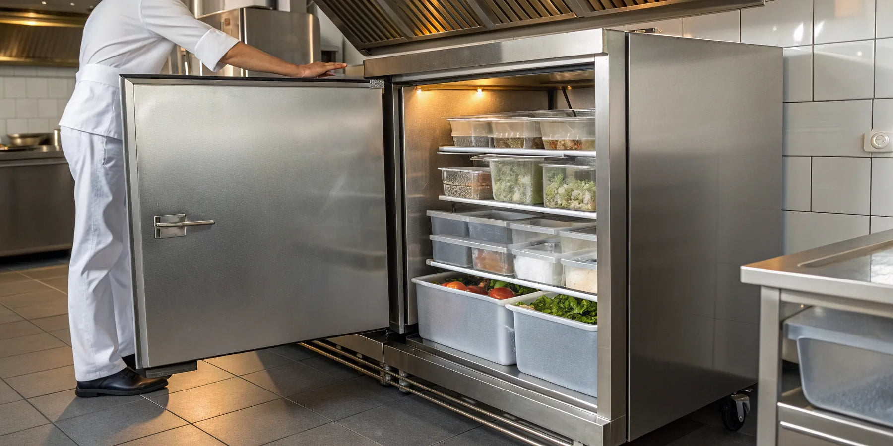 Organized food in a commercial chest freezer.