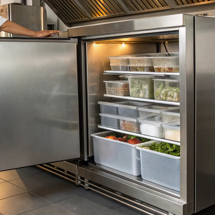 Organized food in a commercial chest freezer.