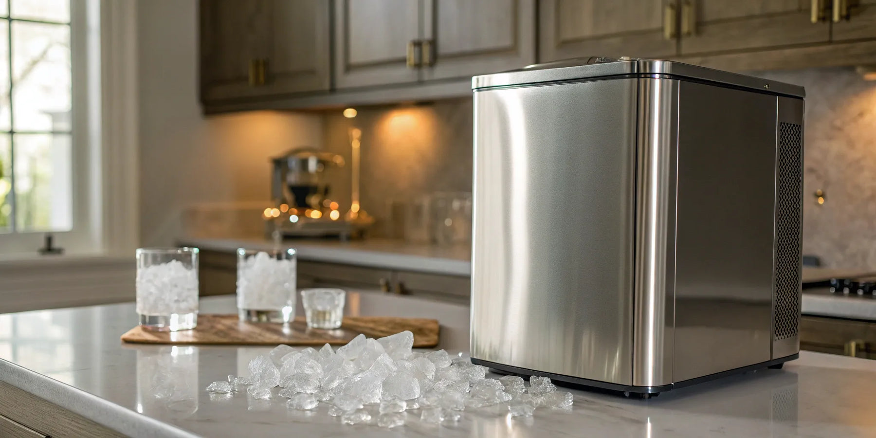 A stainless steel gourmet ice machine producing perfect, crystal-clear ice for drinks.