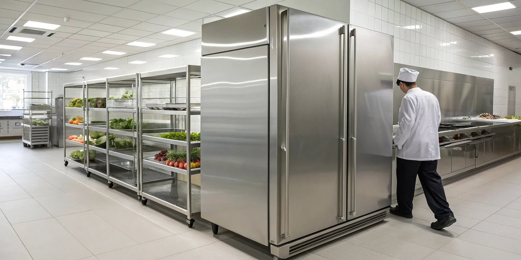 Large stainless steel freezer in a commercial kitchen.