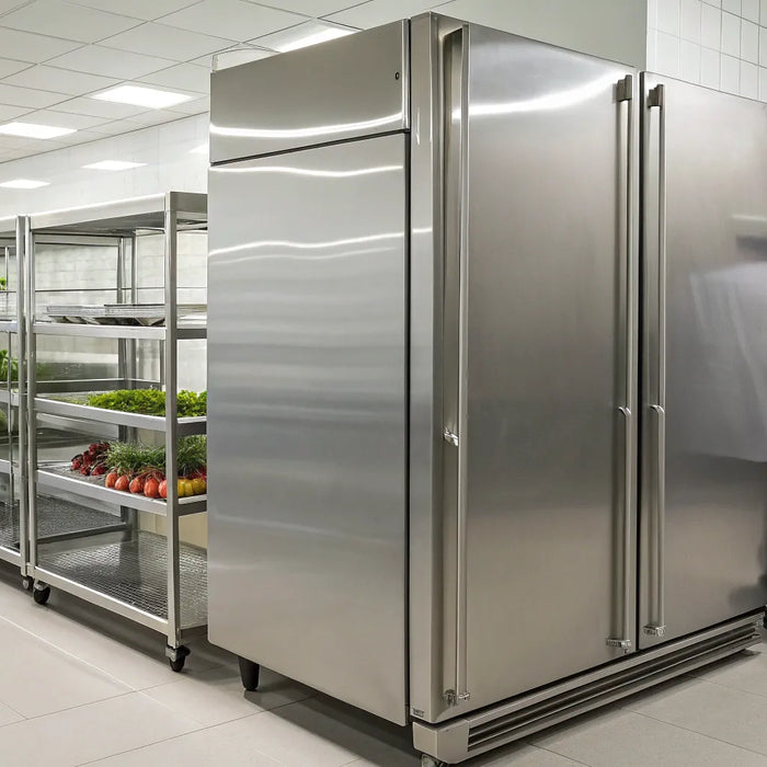 Large stainless steel freezer in a commercial kitchen.