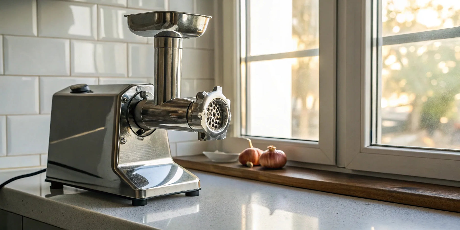 A countertop commercial meat grinder for a professional restaurant or butcher shop.