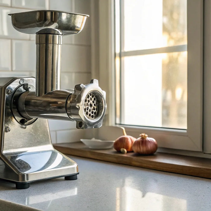 A countertop commercial meat grinder for a professional restaurant or butcher shop.