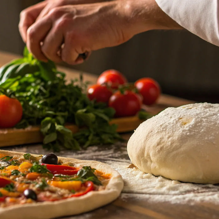 Chef preparing a pizza with fresh ingredients sourced from quality pizza suppliers.
