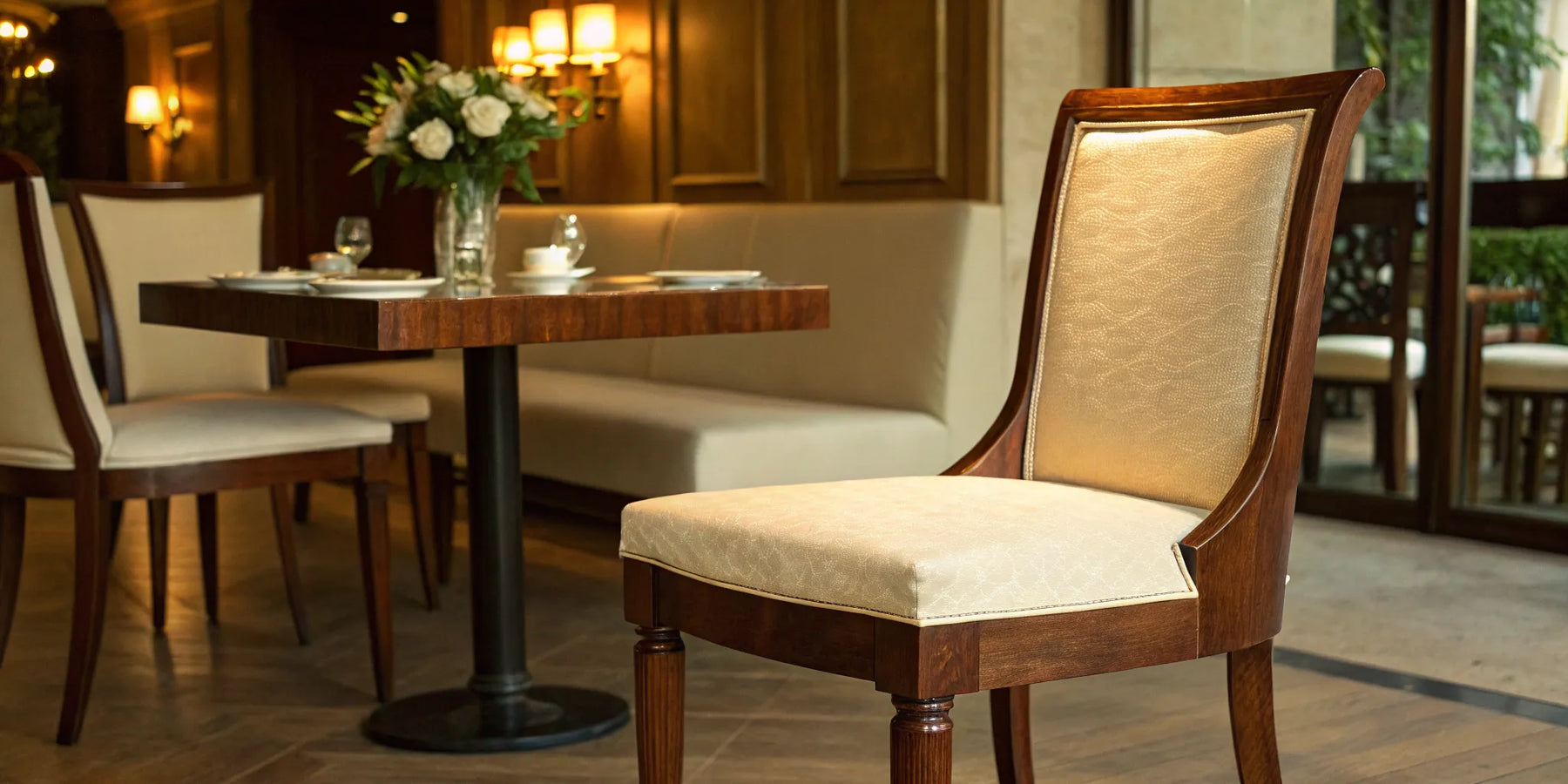 A classic wood restaurant dining chair with a comfortable upholstered seat.