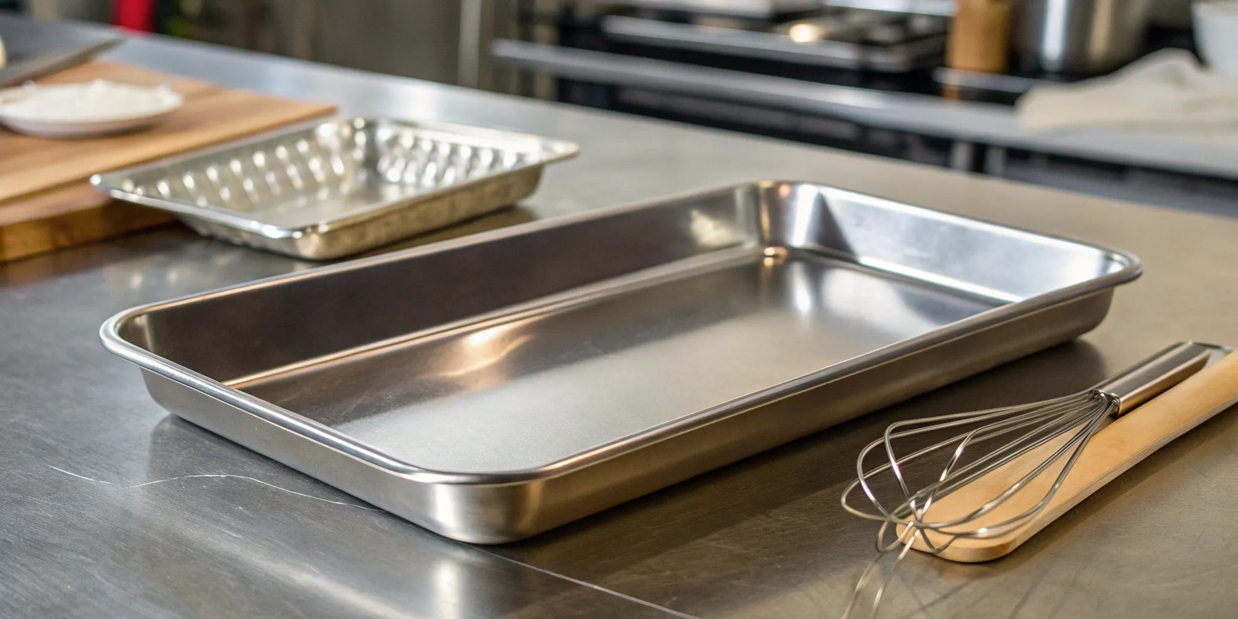 A stainless steel sheet tray, an essential kitchen tool for baking and roasting.