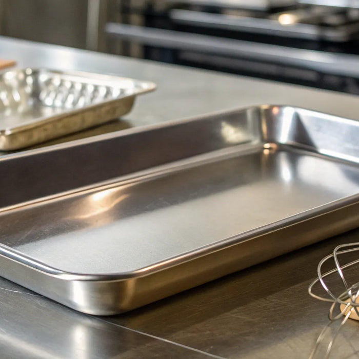 A stainless steel sheet tray, an essential kitchen tool for baking and roasting.