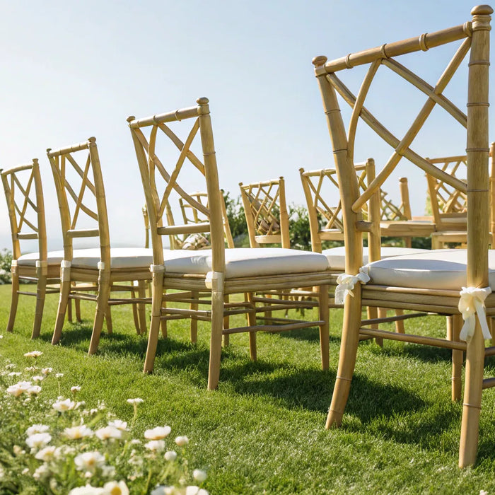 Elegant wooden chairs arranged for a ceremony at an outdoor wedding venue.