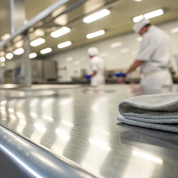 Clean stainless steel restaurant equipment.