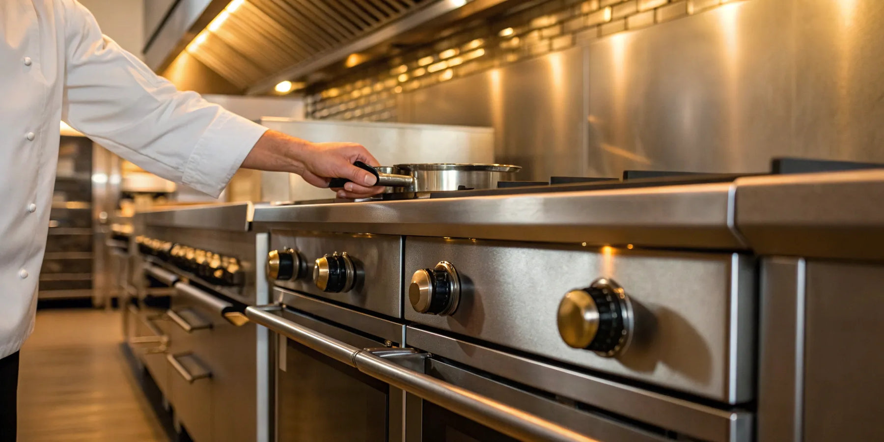A chef uses a stove in a kitchen with the best stainless steel restaurant equipment found near me.