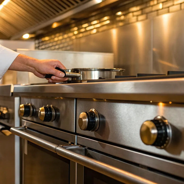 A chef uses a stove in a kitchen with the best stainless steel restaurant equipment found near me.