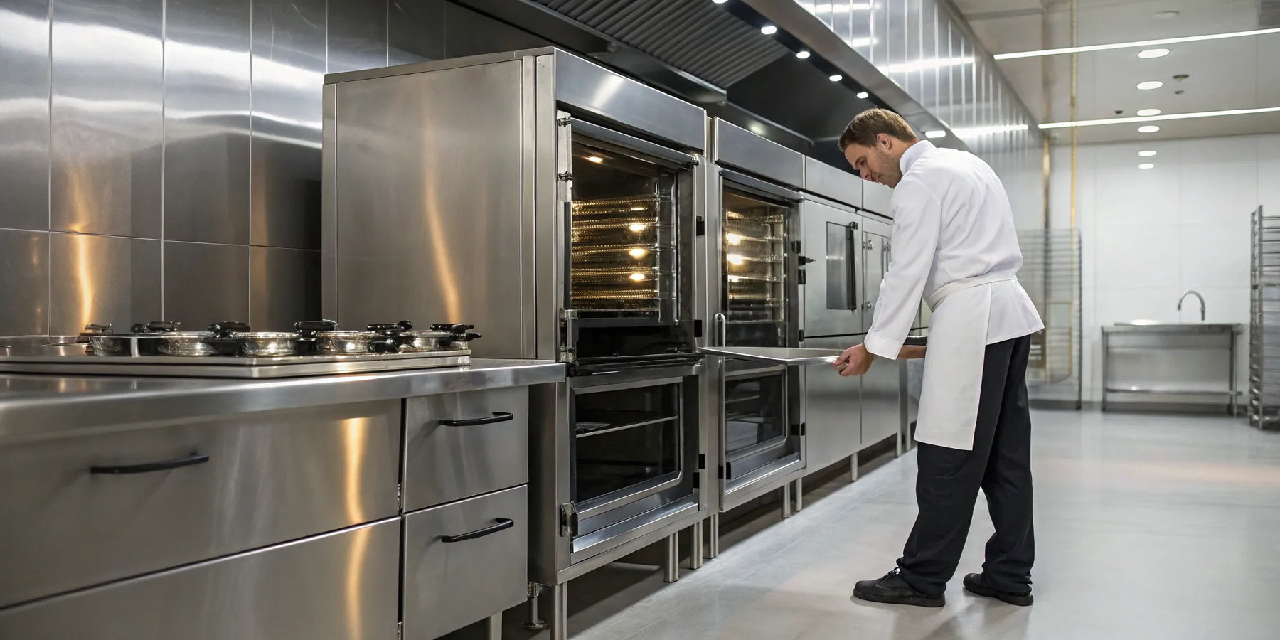 Chef preparing food using stainless steel restaurant equipment in a professional kitchen.