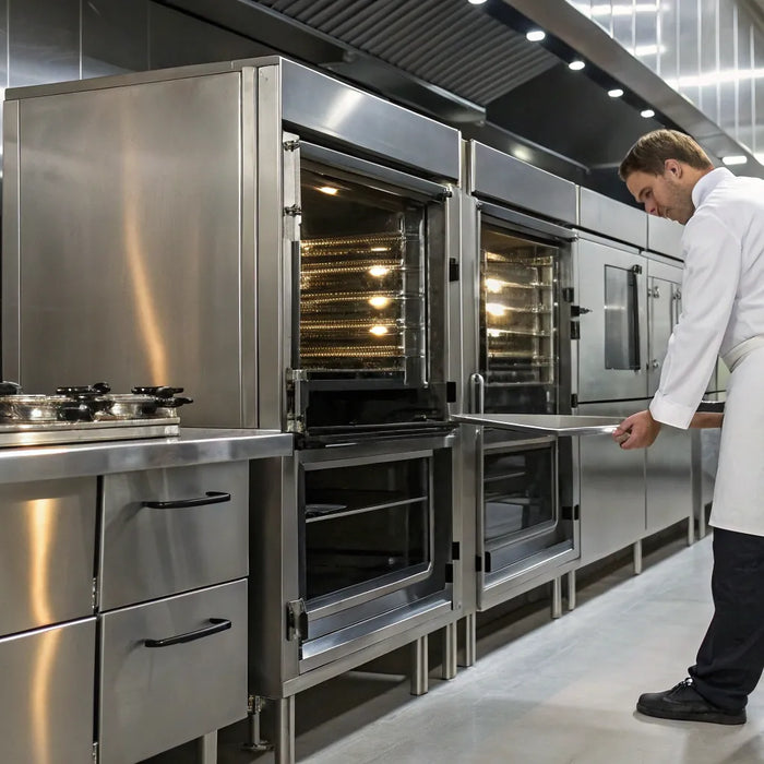 Chef preparing food using stainless steel restaurant equipment in a professional kitchen.