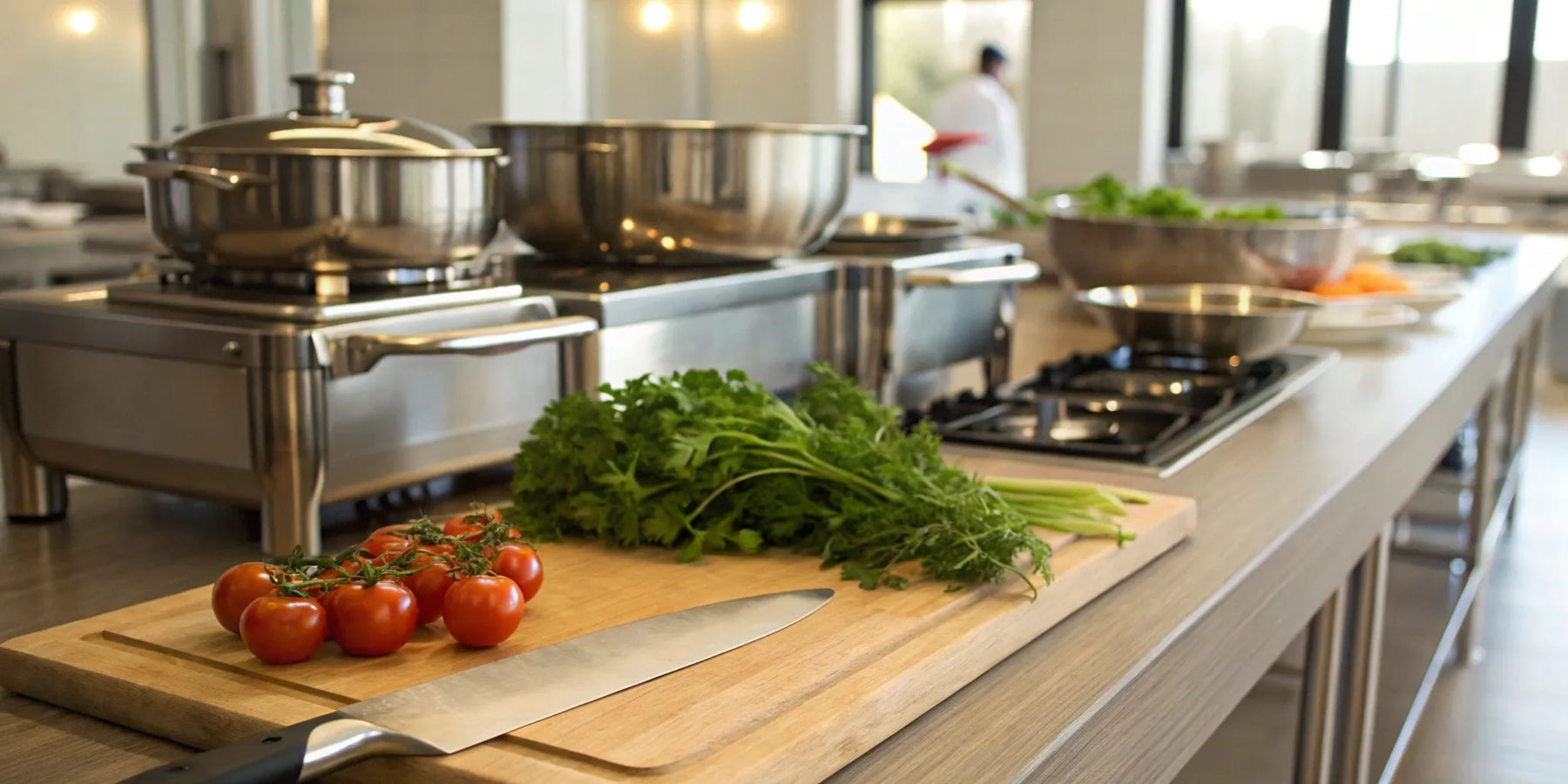 High-quality restaurantsupply essentials like a chef's knife and cookware on a professional kitchen prep counter.