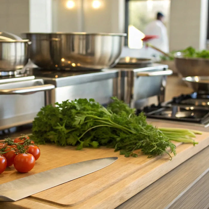 High-quality restaurantsupply essentials like a chef's knife and cookware on a professional kitchen prep counter.