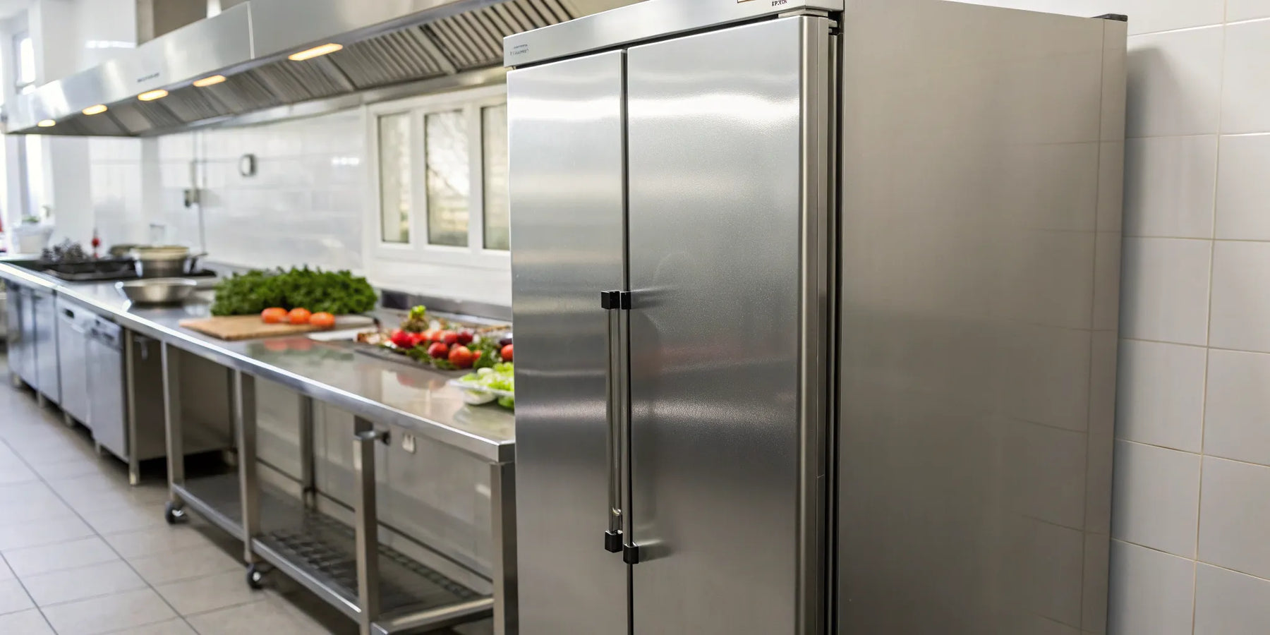 Stainless steel upright commercial freezers in a professional kitchen.