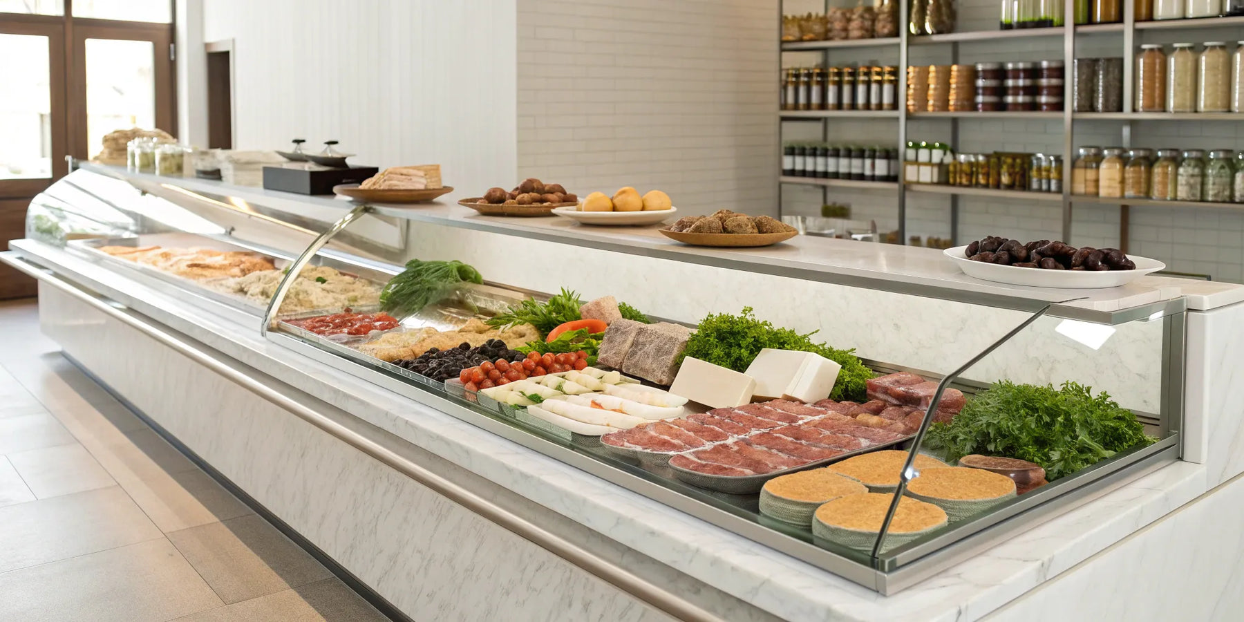 A modern deli case with curved glass displaying fresh meats and cheeses for a business.